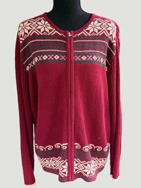 Vintage Eddie Bauer Fair Isle Zip Cardigan Sweater XL Red Nordic Cotton